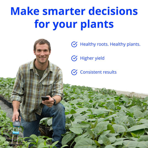 Gardener using Pulse Meter Handheld Soil Tester With TDS Moisture And Temperature Readings From The Root Zone in plant field.
