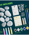 Glow In The Dark Rock Painting Kit For Kids Ages Six To Twelve Arts And Crafts Gift Set With Ten Natural White River Rocks Non Toxic Paints Brushes And Easy Design Ideas For Creative DIY Stone Art contents including rocks, paints, brushes, and stickers.