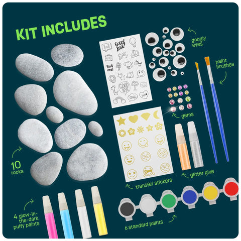 Glow In The Dark Rock Painting Kit For Kids Ages Six To Twelve Arts And Crafts Gift Set With Ten Natural White River Rocks Non Toxic Paints Brushes And Easy Design Ideas For Creative DIY Stone Art contents including rocks, paints, brushes, and stickers.
