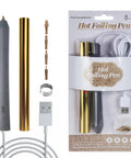 Front view of Hot Foiling Pen starter kit: gray pen, four metal nib tips, gold foil roll, USB cable, 8-piece set.