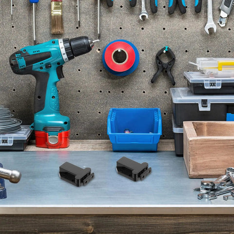 Workbench with tools and 8 Pack Self Closing Push To Open Door Latches For Cabinets Black Plastic Spring Loaded Latch