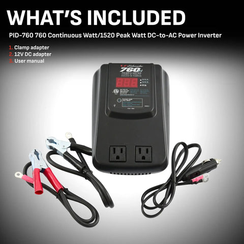 PID 760 760 Watt DC To AC Power Inverter with cables and manual included in package, featuring 2 AC outlets, USB port.