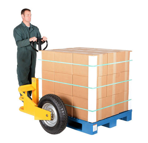 Heavy Duty All Terrain Steel Pallet Truck With Pneumatic Tires And Smooth Steering gliding with boxes on blue pallet.