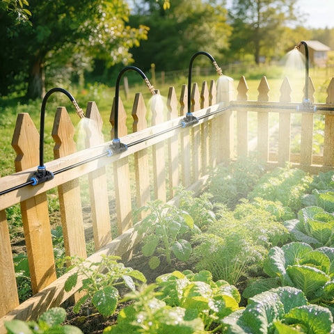 360 Degree Drip Irrigation System Kit With 33 Feet Of One Quarter Inch Tubing And Five Adjustable Brass Nozzles in garden setup