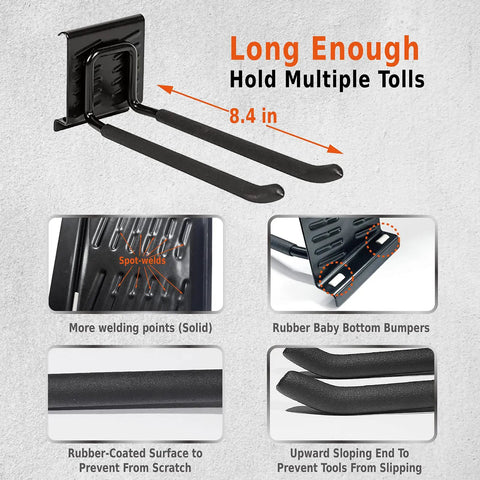 Detailed view of 96 Inch Garage Wall Organizer Heavy Duty 1200 Lbs Capacity With 12 Hooks Broom Holder showing tool holder features.