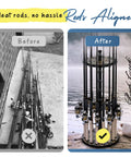 Before and after of organizing rods with 16 Rod Round Fishing Rod Holder For Garage With 360 Degree Access Keeps Up To 16 Rods Reels And Gear In Camouflage Finish Space Saving Pole Rack For Quick Access And Safe Storage, showing cluttered rods and arranged rods on rack.