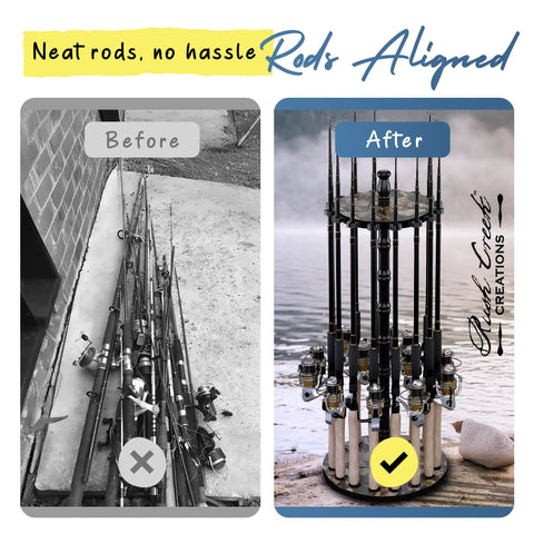 Before and after of organizing rods with 16 Rod Round Fishing Rod Holder For Garage With 360 Degree Access Keeps Up To 16 Rods Reels And Gear In Camouflage Finish Space Saving Pole Rack For Quick Access And Safe Storage, showing cluttered rods and arranged rods on rack.
