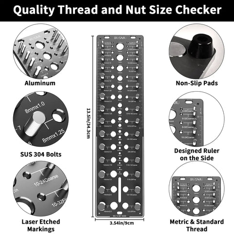 51 In 1 Bolt Size Finder And Thread Checker With 32 Metric And 32 SAE Gauges, 19 Drill Bit Check Holes, CNC Machined Aluminum Screw Size Chart
