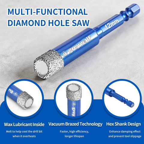 Diamond Tile Drill Bit Set With Hex Shank, 10 Piece Kit For Ceramic, Glass, Porcelain, Marble And Granite, includes 12mm bit
