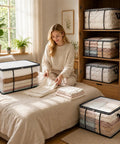 Woman organizing blankets in Giant Clear View Storage Bag For Blankets And Comforters Super Spacious Eighty Liter.