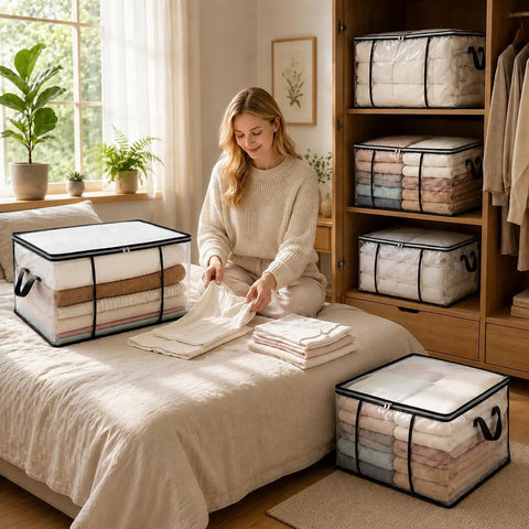 Woman organizing blankets in Giant Clear View Storage Bag For Blankets And Comforters Super Spacious Eighty Liter.