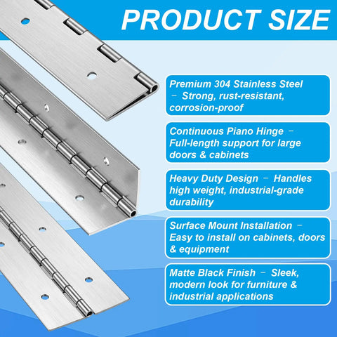 Heavy Hitter 30 Inch Piano Hinge 4 Pack 304 Stainless Steel Continuous Hinge For Large Cabinet And Industrial Storage Equipment Door Woodworking Projects displayed on blue background.
