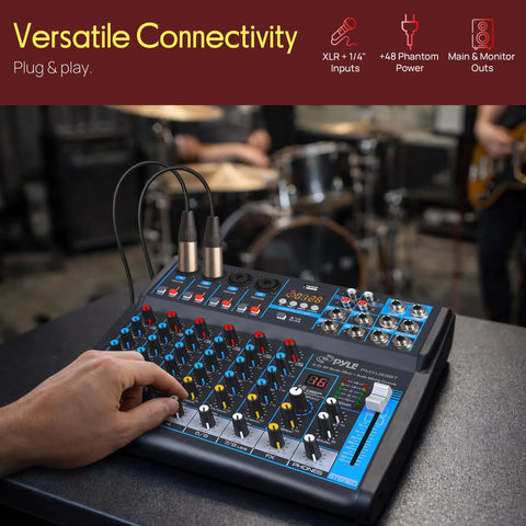 Eight Channel DJ Audio Mixer With Bluetooth Streaming USB Audio Interface DSP FX Mic And Stereo Line Inputs Wireless Song Sync From Phone Gig Ready For Home Studio Mobile Gigs And Party Setups in use