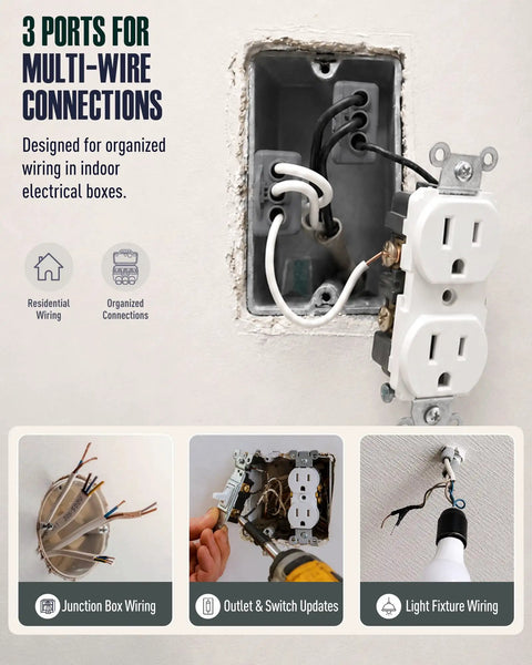 Hella Tough Aluminum To Copper Wire Connectors 3 Port Gray 15 Pack with junction box and outlet wiring setup.