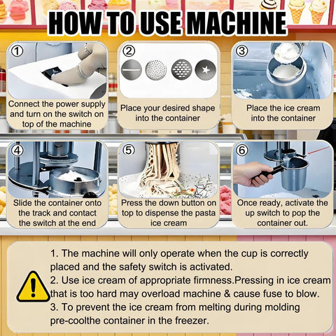 Step-by-step guide on using the Cool Dessert Machine And Noodle Maker With 4 Stainless Steel Molds and 420Ml Hopper.