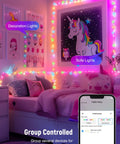 App Controlled Curtain String Lights With 400 LED Pixel Art And Text Creator, Remote And Bluetooth, in a bedroom setting