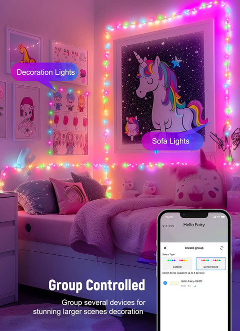 App Controlled Curtain String Lights With 400 LED Pixel Art And Text Creator, Remote And Bluetooth, in a bedroom setting