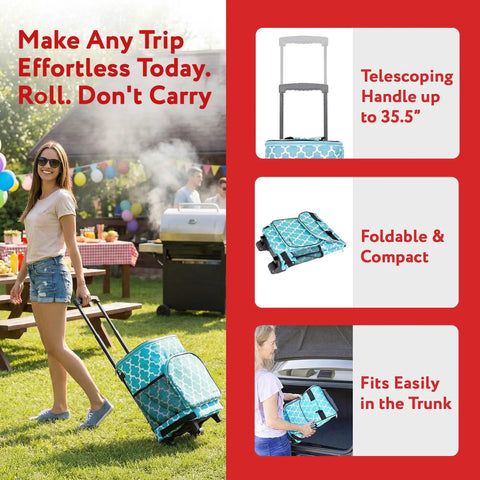 Woman using Ultra Compact Insulated Cooler Cart With Moroccan Tile Soft Sided Tote Collapsible Rolling Tailgate BBQ Beach Ready Summer Gear