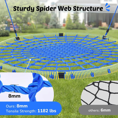 60 Inch Spider Web Saucer Tree Swing for Kids and Adults Heavy Duty Outdoor Net Swing With Steel Frame in backyard setting
