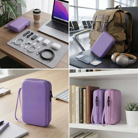 Kickass Travel Tech Organizer Case For Cables Chargers Power Bank And Storage Drives Waterproof Shockproof Hard Shell Laptop Accessory Bag on desk with cords.