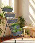 Five Tier Raised Garden Bed Uber Sturdy With Vertical Planter Stand Tall Outdoor Garden Box with drainage holes and black metal frame indoors