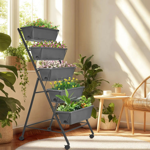 Five Tier Raised Garden Bed Uber Sturdy With Vertical Planter Stand Tall Outdoor Garden Box with drainage holes and black metal frame indoors