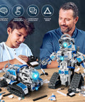 Child and adult assembling 6 In 1 STEM Robot Building Kit With 780 Pieces, App And Remote Control Space Robot Toys For Kids Ages 8 To 14