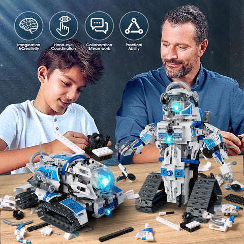 Child and adult assembling 6 In 1 STEM Robot Building Kit With 780 Pieces, App And Remote Control Space Robot Toys For Kids Ages 8 To 14