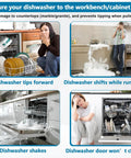 Image showing dishwasher issues like tipping and shaking, highlighting the need for Straight Up Heavy Duty Dishwasher Mounting Bracket Kit For Granite Countertops With Stainless Bolts And Shims Compatible With Whirlpool Kenmore KitchenAid Replaces Wp8269145 Ps11745496 Makes Installing Solid Surfaces No Sweat 2 Pack.
