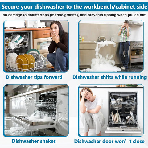 Image showing dishwasher issues like tipping and shaking, highlighting the need for Straight Up Heavy Duty Dishwasher Mounting Bracket Kit For Granite Countertops With Stainless Bolts And Shims Compatible With Whirlpool Kenmore KitchenAid Replaces Wp8269145 Ps11745496 Makes Installing Solid Surfaces No Sweat 2 Pack.
