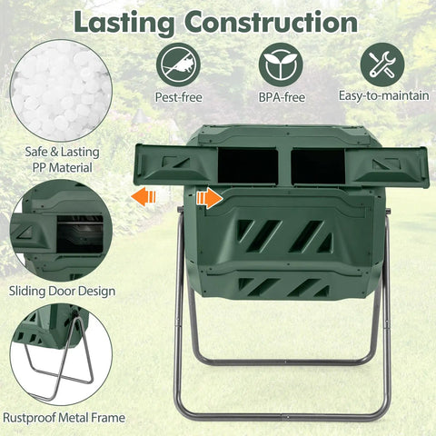 Dual Chamber 42 Gal Compost Tumbler With Sliding Doors 360 Degree Tumbling No Fuss Backyard Composting Metal Frame BPA Free Green