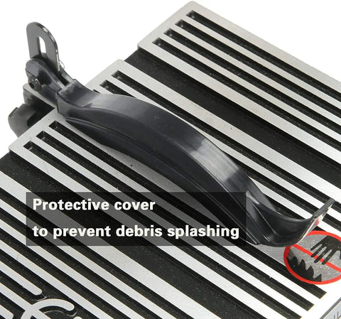Protective cover on 4 Inch 60W Mini Electric Table Saw For Bench Top DIY Projects to prevent debris splashing.