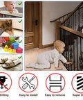 Stair Banister Guard Netting Kit For Kids And Pets 2 Pack 18 Ft By 2.6 Ft Mesh Safety Net showing child and pet with icons of benefits