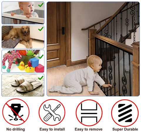 Stair Banister Guard Netting Kit For Kids And Pets 2 Pack 18 Ft By 2.6 Ft Mesh Safety Net showing child and pet with icons of benefits