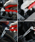 Close-up of Kiwi Bent Head Needle Nose Pliers Set Of 2 For Tight Spots 6 And 8 Inch in use for small auto fixes, showing precision tips.