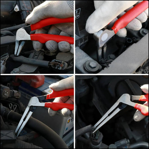 Close-up of Kiwi Bent Head Needle Nose Pliers Set Of 2 For Tight Spots 6 And 8 Inch in use for small auto fixes, showing precision tips.