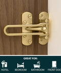 Tough Gold Swing Bar Door Lock For Swing In Doors Childproof Safety Latch mounted on wood door, designed for secure locking.