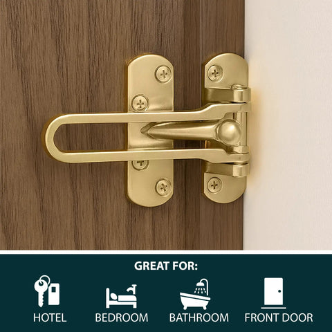 Tough Gold Swing Bar Door Lock For Swing In Doors Childproof Safety Latch mounted on wood door, designed for secure locking.