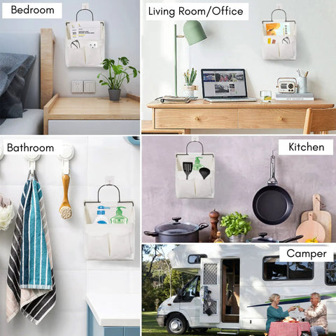 Two Pack Wall Hanging Organizer Bins With Pockets And Hooks Game Changer Linen Fabric Door Mount Storage for Kitchen Bedroom Office and RV Camper Waterproof Durable White Upgraded shown in different rooms.