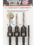 Quick-Change 3-Piece Countersink Drill Bit Set For One-Step Drilling, Pilot Hole, Countersinking And Counterboring For Screws In Sizes 8, 10, And 12, No Fuss, Pro Ready, Made In The USA in retail packaging.
