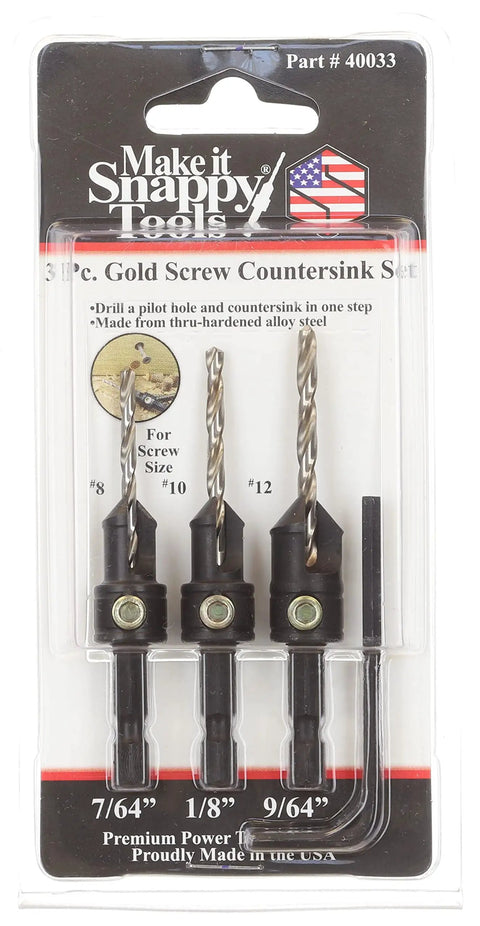 Quick-Change 3-Piece Countersink Drill Bit Set For One-Step Drilling, Pilot Hole, Countersinking And Counterboring For Screws In Sizes 8, 10, And 12, No Fuss, Pro Ready, Made In The USA in retail packaging.