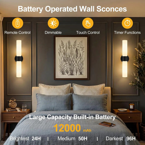 Rechargeable Wall Sconces Set of Two, Modern Matte Battery Operated Wall Light Fixtures with Remote Control, Dimmable Wireless Wall Sconces with Milky Glass, installed beside a bed.