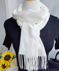 Winter Plaid Scarf For Men And Women, Comfy Cozy Warm Acrylic Knit, Lightweight Yet Soft On Skin, Classic Fall And Winter Accessory, White on mannequin.