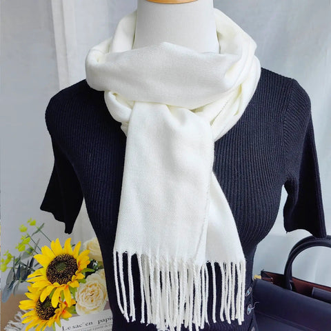 Winter Plaid Scarf For Men And Women, Comfy Cozy Warm Acrylic Knit, Lightweight Yet Soft On Skin, Classic Fall And Winter Accessory, White on mannequin.