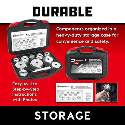 All In One 11 Piece Master Bearing Race And Seal Driver Tool Set with durable storage case open and closed view