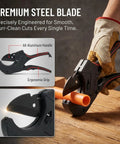 Heavy Duty Ratcheting Pipe Cutter With SK5 Teflon Coated Blade And Aluminum Body For PVC PEX CPVC PE PP Rubber Hose 75 Mm in use
