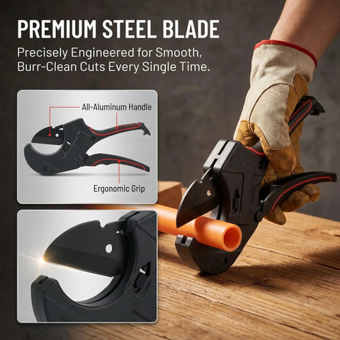 Heavy Duty Ratcheting Pipe Cutter With SK5 Teflon Coated Blade And Aluminum Body For PVC PEX CPVC PE PP Rubber Hose 75 Mm in use