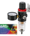 Master Airbrush diaphragm pressure regulator with gauge and moisture trap, mounted on metal bracket.
