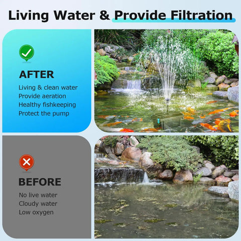 Comparison image of a pond before and after using Solar Pond Filter Kit With 12W Panel And 160GPH Fountain Pump.