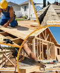 Collage of wooden deck, dock planks, fence, and unfinished house construction.
